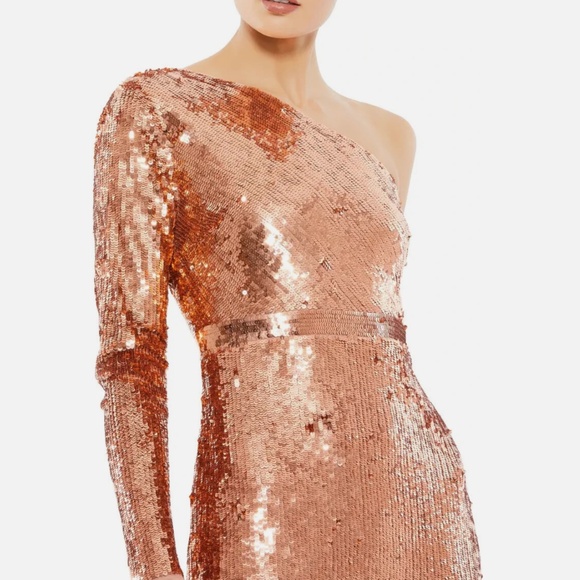 MAC DUGGAL 10788 COPPER SEQUIN ONE SHOULDER LONG SLEEVE COLUMN GOWN sz 12 - Picture 3 of 5
